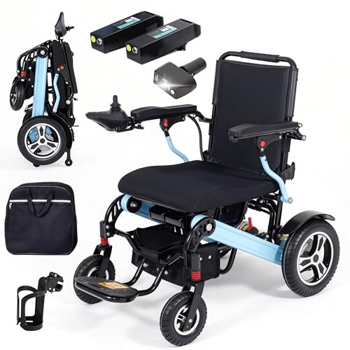 48+ KM Elektro Rollstuhl für Erwachsene, 700W Motorleistung Rollstuhl 150KG, 52CM Sitzbreite Leichte Faltbare Allen Gelände Rollstühle mit 2*12AH Li-Ion Batterie, mit Led Licht, Rucksack, Becherhalter
