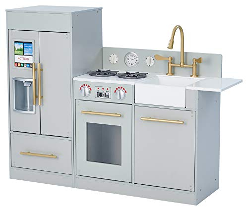 Teamson Kids Little Chef Charlotte Modern Modular Interactive Wooden Play Kitchen with Refrigerator, Stove and Sink in Grey with Gold Accents