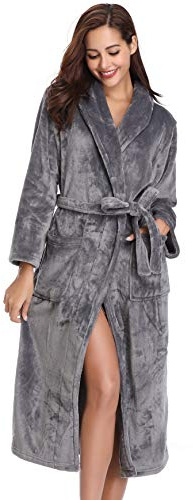 Vlazom Ladies Dressing Gown, Flannel Soft Robe Warm Fluffy Bathrobes with Hooded or Shawl Collar Long Robe for Cold Day UK 6-28