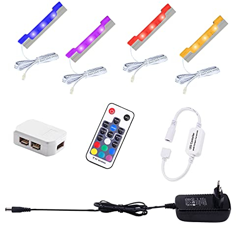 AIBOO LED Kit di Illuminazione per Armadietto con Mensola Sotto Vetro RGB con Telecomando RF, Luci A Clip Lunghe Dimmerabili, Strisce LED Ultra Sottili per Il Bancone Della Cucina（Confezione da 4）