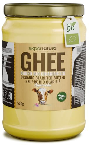 Exponatura Ghee Biologico - Burro Chiarificato da Mucche al Pascolo 500g | Da pura panna di centrifuga Nord Europea - Senza lattosio e caseina - Ghi Grass-Fed per Keto - Tradizione ayurvedica