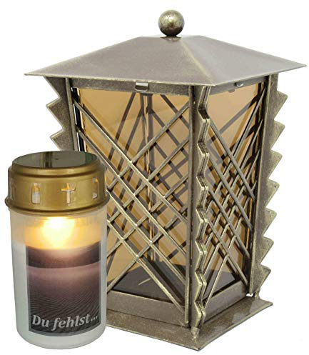 Grablaterne, Grableuchte, Grablaterne aus Stahl mit Parsolglas und Gittern inkl. LED-Kerze 21 cm (Bronze)