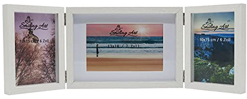 Smiling Art Marco de fotos plegable para 3 fotos en formato horizontal y vertical (Blanco, 2 x 10 x 15 cm + 1 x 13 x 18 cm)