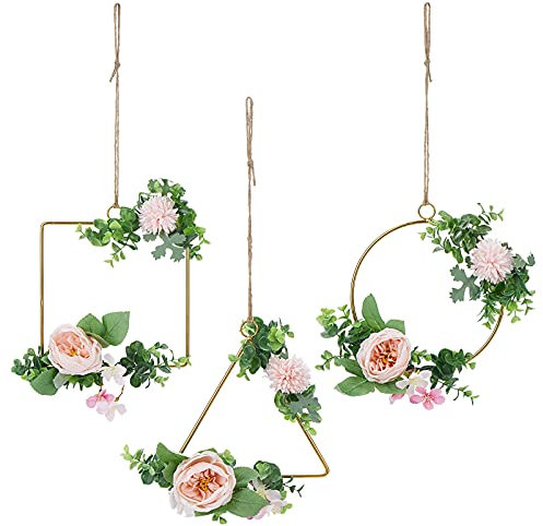 Künstlicher Blumenkränze zum Aufhängen Türkranz Frühlingskranz Metall Blumenkranz Wandkranz Eukalyptus Dekokranz für Hochzeit Wohnzimmer Wanddeko (1 x Rund + 1 x Dreieck + 1 x Quadrat G)