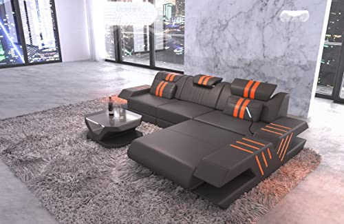 Ledersofa Venedig L Form Sofa Ecksofa in Leder - mit LED Beleuchtung, verstellbare Kopfstützen, Recamiere/Lederfarben wählbar/Ausrichtung wählbar (Ottomane rechts, Grau-Orange)