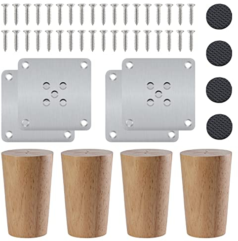 Knpwer 4 Stück 8cm Möbelfüße Holz Möbelbeine, Massivholz Konisch Beine Aus Eiche für Stühle Schrank Sofa Bett Couch, mit Montageplatten, Schrauben und Filzgleiter