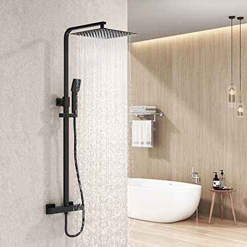 Heilmetz Duschsystem Schwarz Duschsystem mit Thermostat Eckig 20x20cm Regendusche Duschset, Duschsäule mit Kopfbrause und Handbrause,HöHenverstellbar 800-1180mm Duschstange