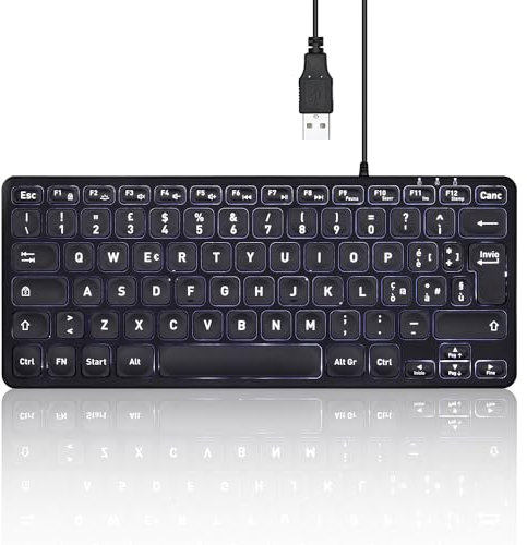 Perixx PERIBOARD-332BIT Mini tastiera retroilluminata cablata USB - Caratteri grandi - Tasti a basso profilo - Retroilluminazione a LED bianca regolabile - Layout Italiano - Nero