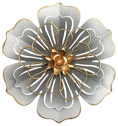 Metallblumen-Wandkunst, 24.1 cm, rustikale, moderne Blumenskulptur, abgenutzte Eisen-Wandbehang, Heimdekoration, Akzentkunstwerke für Innenbereich, Küche, Schlafzimmer, Gold) (06,Grau & Gold)