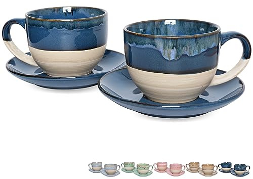 Bosmarlin Ceramic Cappuccino Cup and Saucer Set of 2, 10 Oz, Coffee Cups for Latte, Espresso, Tea, Dishwasher and Microwave Safe, Reavtive Glaze (Deep Blue)