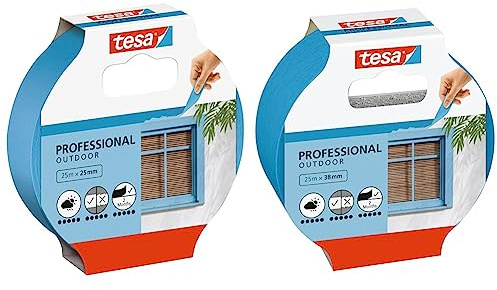 tesa Malerband AUSSEN – Dünnes Abdeckband für extrem präzises Abkleben – 25 m x 25 mm & Malerband AUSSEN – Dünnes Abdeckband für extrem präzises Abkleben bei Malerarbeiten 25 m x 38 mm