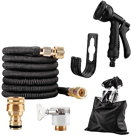 Flexibel trädgårdsslang, utbyggbar trädgårdsslang med 8-funktionsmunstycke, duschadapter av mässing, hängare, bevattning, trädgårdsarbete, biltvätt, gård (30 m/100 FT)