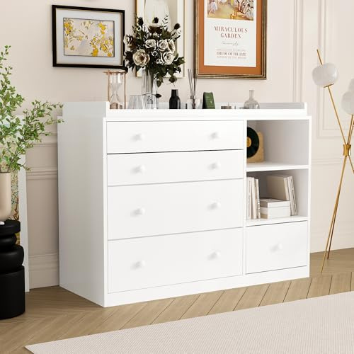 Table à langer, commode à langer ，meuble à langer, étagère à langer avec 5 tiroirs, soins pour bébé, meubles pour bébé, chambre à coucher, blanc, MDF
