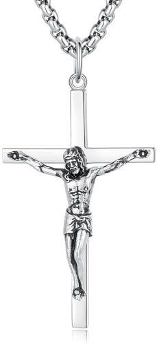 FANCIME Jésus Crucifix Chaîne en argent sterling 925 plaqué or blanc/or Pendentif croix en acier inoxydable Chaîne pour hommes garçons enfants - Longueur de la chaîne : 60 cm, Acier inoxydable, Pas de