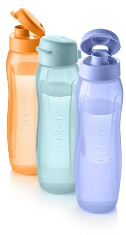 Tupperware Set 3 Eco Sport+ Slim Trinkflaschen 750 ml - Biobasierte Materialien - Spritzschutz-Verschluss - Sport Wandern Alltag - Wiederverwendbar Umweltfreundlich - Auslaufsicher BPA-frei