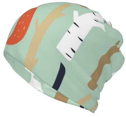 LAMAME Frohe Weihnachten Gedruckt Multifunktionale Krempenlose Hut Erwachsene Mode Strickmütze Casual Beanies Hut, Süßer Fuchs Bär Vogel Bunny Baum, 5-8
