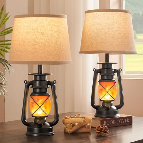 LEDIARY 18.72 Black LED Lantern Flickering Flame Table Lamps for Bedrooms Set of 2, Small Farmhouse Rustic End Table Lamps, Halloween Decorative Lantern Bedside Lamps for Living Room