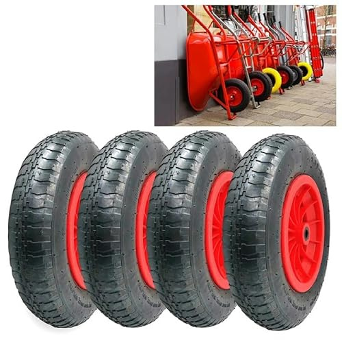 Yorkshire Homeware 14 Pneumatic 3.50-8 Wheelbarrow Wheel Pneumatic Sack Truck Trolley Wheel Puncture Proof Tyre Complete for Garden Trolley Barrow Trailer Truck Red & Black 4Tyres