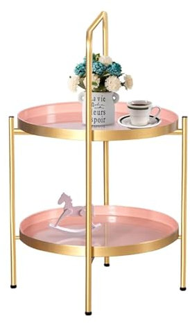 Eiauiuo Runder Beistelltisch 2 Ebenen Goldener Beistelltisch Rosa Oberfläche Metalltablett Einfache Montage für Wohnzimmertisch, Schlafzimmer Garten Sofatisch Nachttisch abnehmbare Schale, 202403-14