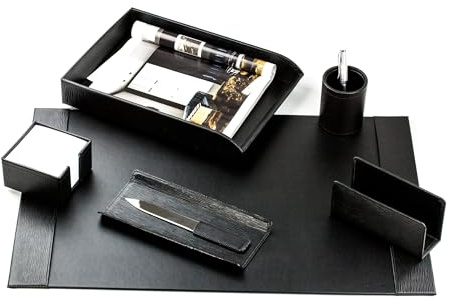 DELMON VARONE - Schreibtischset 7-teilig Manhattan Premium Leder Manhattan schwarz - Schreibtisch Büro Set Organisation mit Schreibtischunterlage, Federschale, Zettelkasten, Stifteköcher & Briefablage