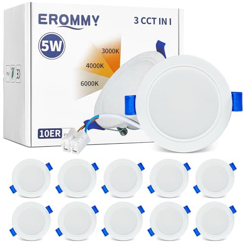 EROMMY LED Einbaustrahler 230V,5W LED Spot 550LM,Stufenlos Dimmbarer Deckenspots,3000K/4000K/6500K Einbauspots,Ø65-80mm,Deckenstrahler led IP44 für Badzimmer Wohnzimmer Küche Schlafzimmer,10St.