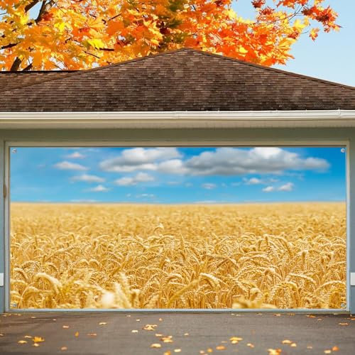 Toile de fond pour porte de garage d'automne, 4,9 x 2,1 m Gloden Fall Wheat Fileld Blue Sky pour porte de garage, grande récolte, scène naturelle, Thanksgiving, ferme, décoration extérieure