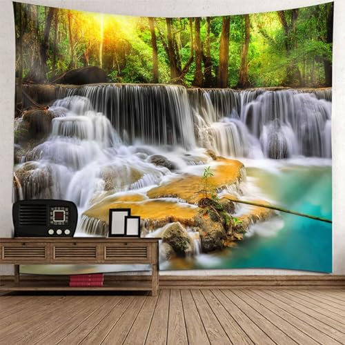 Mesnt Wandbehang Natur Wohnzimmer, Wasserfall und Baum natürliche Landschaft Wandteppiche für Wohnzimmer Schlafzimmer, Wohnkultur, 260x240cm