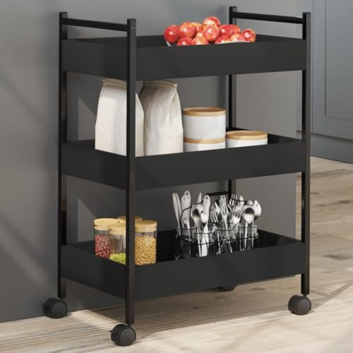 AUVYI Rollwagen Schwarz Küchenregal auf Rollen Servierwagen mit 3 Ebenen küchenbeistellwagen Kitchen Cart Haushaltswagen 50x30x70 cm