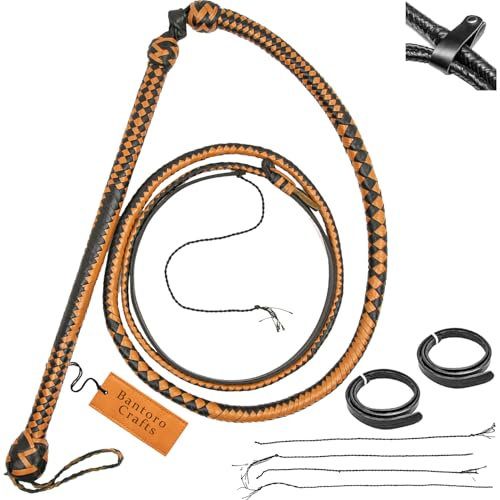 Bantoro Crafts Marrone e Nero Frusta 12 trecce Fili Pelle Intrecciata Frusta in Vera Pelle Pancia in Pelle e Supporto in Pelle all'Interno Frusta Che schiocca Forte (7 Piedi (2,1 Metri))