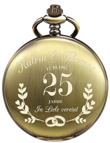 TREEWETO Taschenuhr mit Gravur zur Silbernen Hochzeit, Personalisiert mit Namen und Datum, Geschenkidee für Paare zum 25. Hochzeitstag, Quarz Taschenuhren