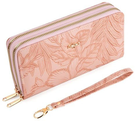 ZLLkeji Geldbeutel Damen Mode Geldbörse PU Leder Lange Geldbörsen Blumen Reißverschluss Portemonnaie Viel Kartenfächer Für Dating Shopping Party (rosa)