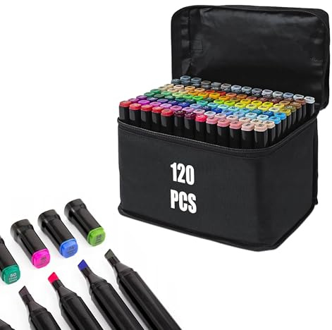 H&F Heimtextilien Alkoholmarker Set 120 Farben – doppelseitig (Fein & Breit) – schnelltrocknend, blendbar & wischfest – nummerierte Kappen & Tasche – für Manga & Illustration