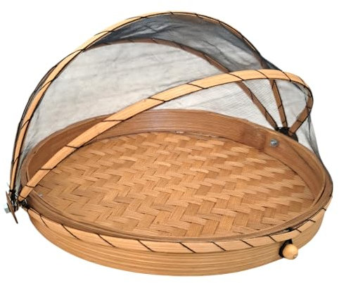 Générique Cloche à Fromage Fruit 25 cm Garde Manger Bambou Corbeille Plateau Fromage Filet Noir Naturel protège Aliments Corbeille à Pain