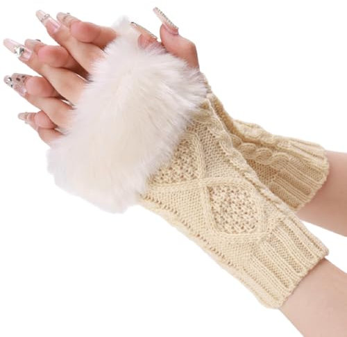 Wambere 1 Paar Kurze Plüschhandschuhe Damen Fingerlose Handschuhe Armstulpen Handstulpen Winter Warme Handschuhe Gestrickte Thermohandschuhe Handwärmer Armwärmer Für Outdoor Aktivitäten,Beige