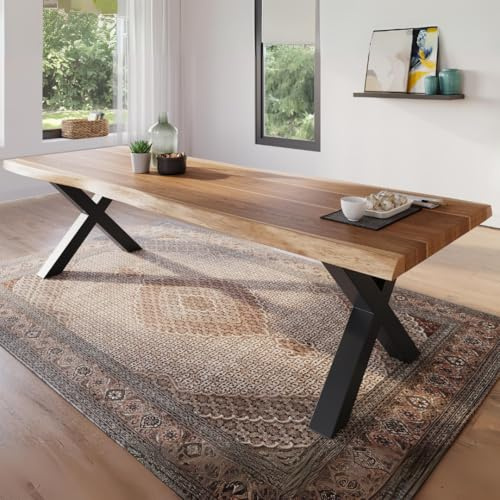 trelevo Esszimmertisch 260x100 cm Akazie naturfarben X-Gestell Baumkante | Akazienholz massiv, Tischplatte, schwarz, Baumkantentisch