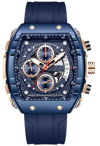 RORIOS Orologio da Polso Tonneau da Uomo Orologi Elegante Casual Orologio Sportivi Cinturino in Silicone Orologio Multifunzionale Analogico Quarzo Blu