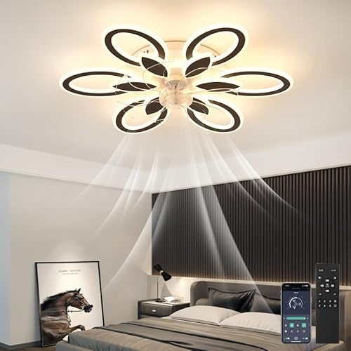 LED Modern Ceiling Fan with Lights Flower Dimmable Acrylic Flush Mount Ceiling Fans Low Profile Chandelier Fan Stepless Color Temperature Change Mute 6 Speeds Bedroom Living room Voice Control Lamp