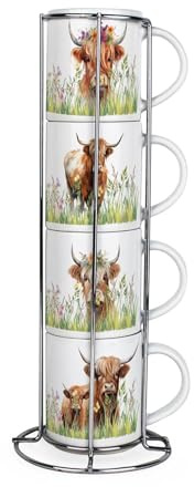 Purely Home Lot de 4 tasses empilables en céramique avec support en métal Motif vache des Highlands