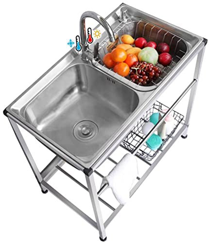 KITCHEN SINK Utility Sink 2 Kammern, gewerbliche Außenküche Edelstahlspüle mit Wasserhahn und Regalen Anti-Überlauf für Garten, Café, Bar, Hotel, Garage, Waschküche