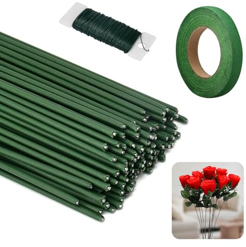 100 Stück Blumendraht, 30cm Lang φ2mm Floristikdraht Grün, Blumendraht zum Basteln, Floristenband und draht, für Handarbeiten, Draht Basteldraht mit 1 Rollen Metalldraht und Floristenband