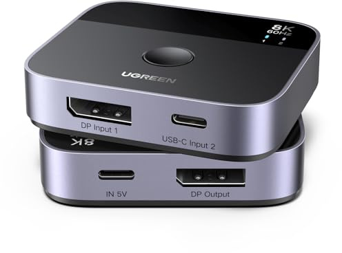 UGREEN Switch DisplayPort USB C 8K60Hz 2 Entradas 1 Salida DP 1.4 | Conmutador USB C DisplayPort Soporta 3D HDR10+ HDCP2.3 Alta Resolución Compatible con PC PS5 4 Xbox One X Series, Steam Deck