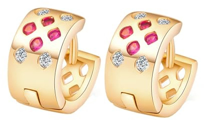 AMDXD Orecchini da donna in oro 9 carati 375, classici orecchini a cerchio con laboratorio di rubino creati diamanti colorati, in oro giallo 9 K, stile Liberty, veri gioielli in oro giallo