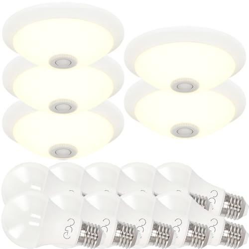 Set aus 5x LED Deckenleuchte mit Bewegungsmelder 300 mm Weiß - Aufputz | Aufputz Deckenlampe mit 10x LED Lampen 11W E27 Neutralweiß 4000K-Sensorlampe mit 360° PIR & Dämmerungssensor Horoz