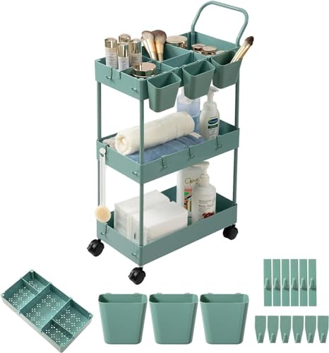 danpinera Rollwagen schmal, Servierwagen mit 3 Etagen, Rollwagen küche mit Trennwänden & Haken & hängenden Bechern, Bastelwagen, Nischenwagen für Küche Make-up Badezimmer Büro, Grün