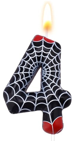 KOBOKO Spider Kerze 4 Geburtstag Junge, Spidey Geburtstagskerzen Zahlen 4, Blau Schwarz Tortendeko Kerzen Geburtstag 4 Jahre, Spinnen Zahlen Kerzen 4, Superhelden Deko Zahlenkerze 4 Kinder Party