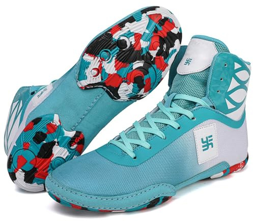 Hiuzylqx Boxschuhe Herren Boxstiefel Leder Combat Trainingsschuhe Ringerschuhe rutschfeste und atmungsaktive High Top Fitnesschuhe Bodybuilding,White Blue,40 EU