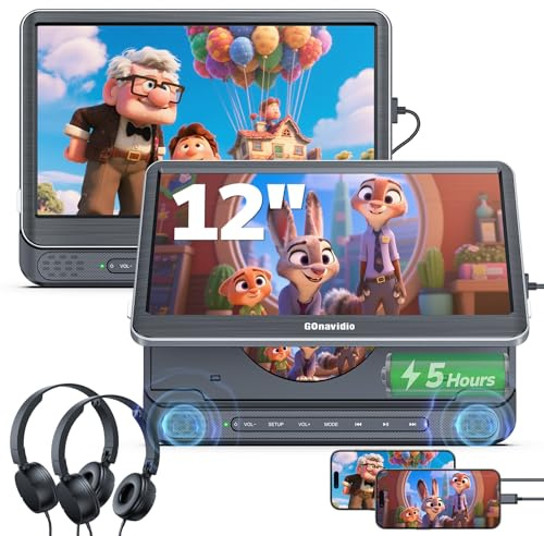 GOnavidio 12 Dual Car DVD Players with HDMI Input, Headrest DVD Players for Car with Headphones, 5-Hour Battery, 1366 * 768 Screen Mirroring, USB/TF Reader, MP4/MKV, Last Memory
