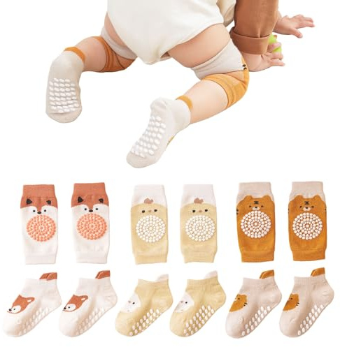 Mezrkuwr 3 Paar Baby Knieschoner und 3 Paar Baby Socken Baby Krabbeln set, Anti Rutsch mit Gummipunkte Krabbelschoner Stulpen Knieschützer für Kleinkinder 0-12 Monate
