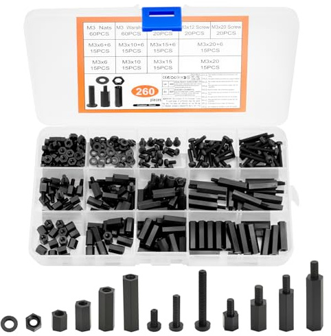 260 PcsTornillos M3, Tornillos y Tuercas de Nailon, Separadores de Placa Base, Tornillos y Separadores para Placas y Módulos Electronica, Espaciadores de Nailon Hexagonales macho y hembra (negros)