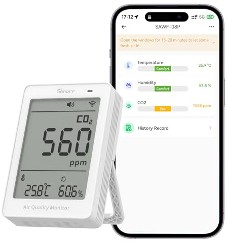 SONOFF AirGuard CO2, Smart Inomhusluftkvalitetsmonitor, Matter-kompatibel, 2,4 GHz WiFi, Koldioxid Detektor för CO2/Temp/Fukt, Realtidsvisning & Larm, för Sovrum/Barnrum
